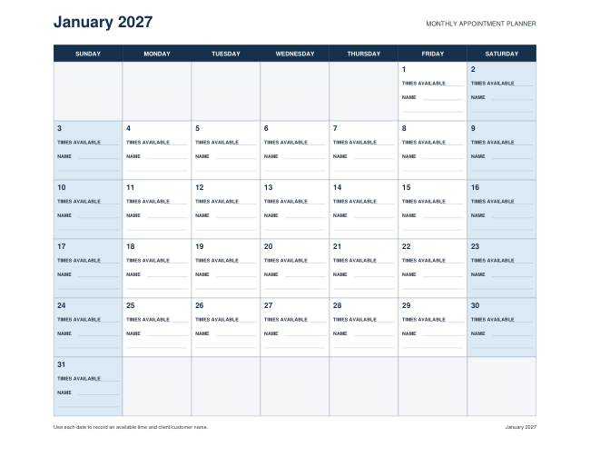 2027 Monthly Appointment Planner — actual source preview