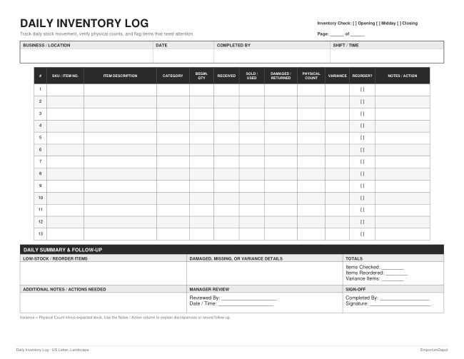Daily Inventory Log — actual source preview