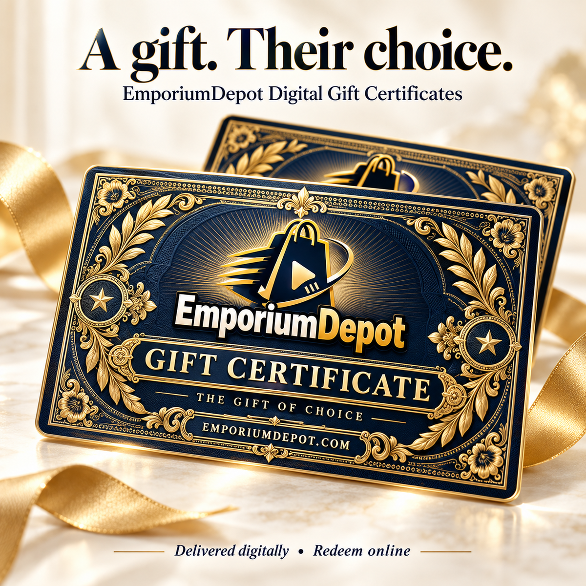 EmporiumDepot digital gift certificates with ornate navy and gold artwork; delivered digitally for online redemption
