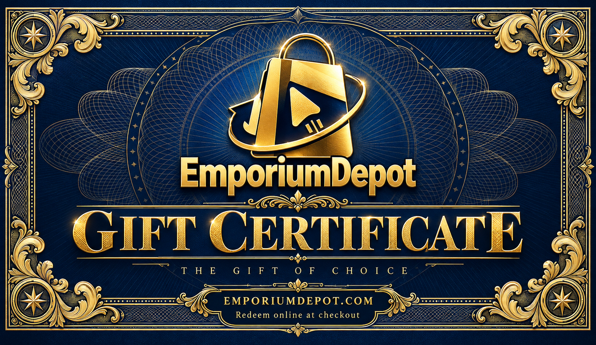 EmporiumDepot navy and gold gift certificate artwork; unique balance and redemption code are supplied separately