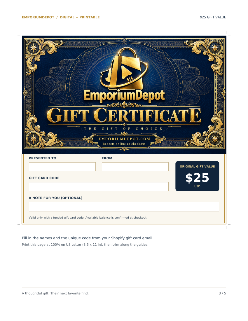 Actual blank fillable PDF preview of the $25 EmporiumDepot printable gift certificate, with recipient, sender, code, and message fields; five gift values are available