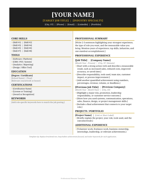 Professional Resume · Classic — actual source preview