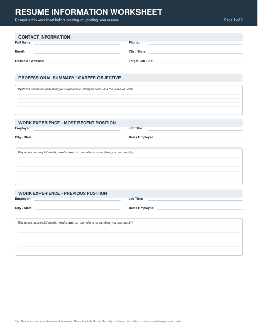 Resume Information Worksheet — actual source preview