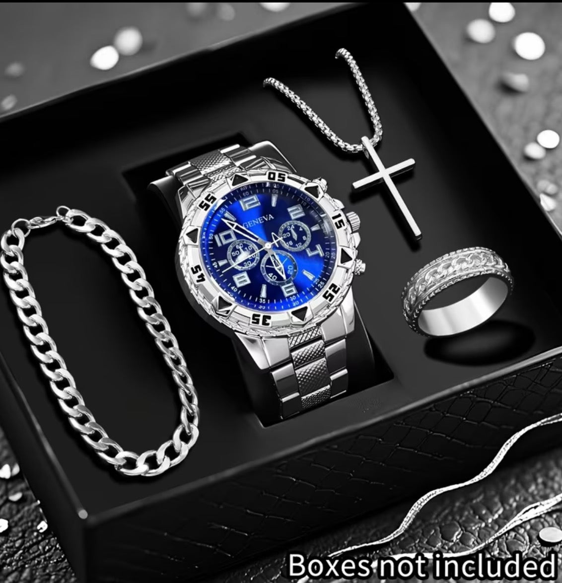 Four-piece silver-tone and blue men's watch and jewelry set; box not included