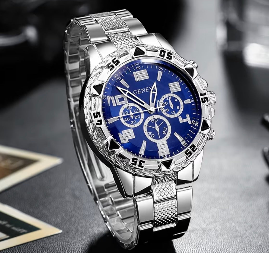 Blue-dial quartz watch with silver-tone link band