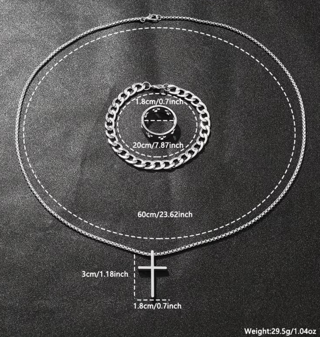 Cross necklace, bracelet and ring measurements