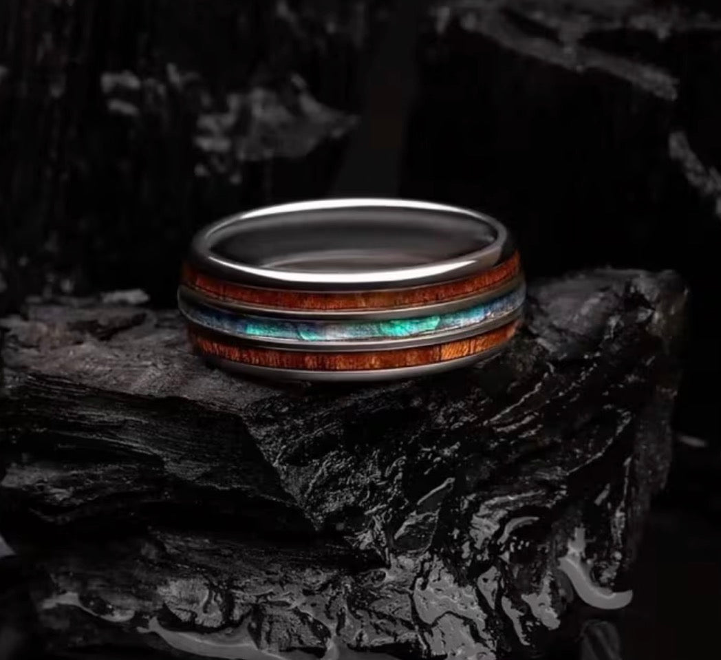 8mm polished tungsten ring with brown and blue-green decorative bands