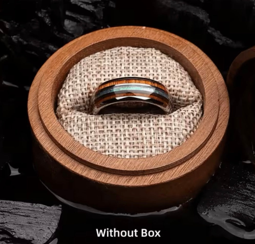 Polished tungsten ring displayed in a box; box not included