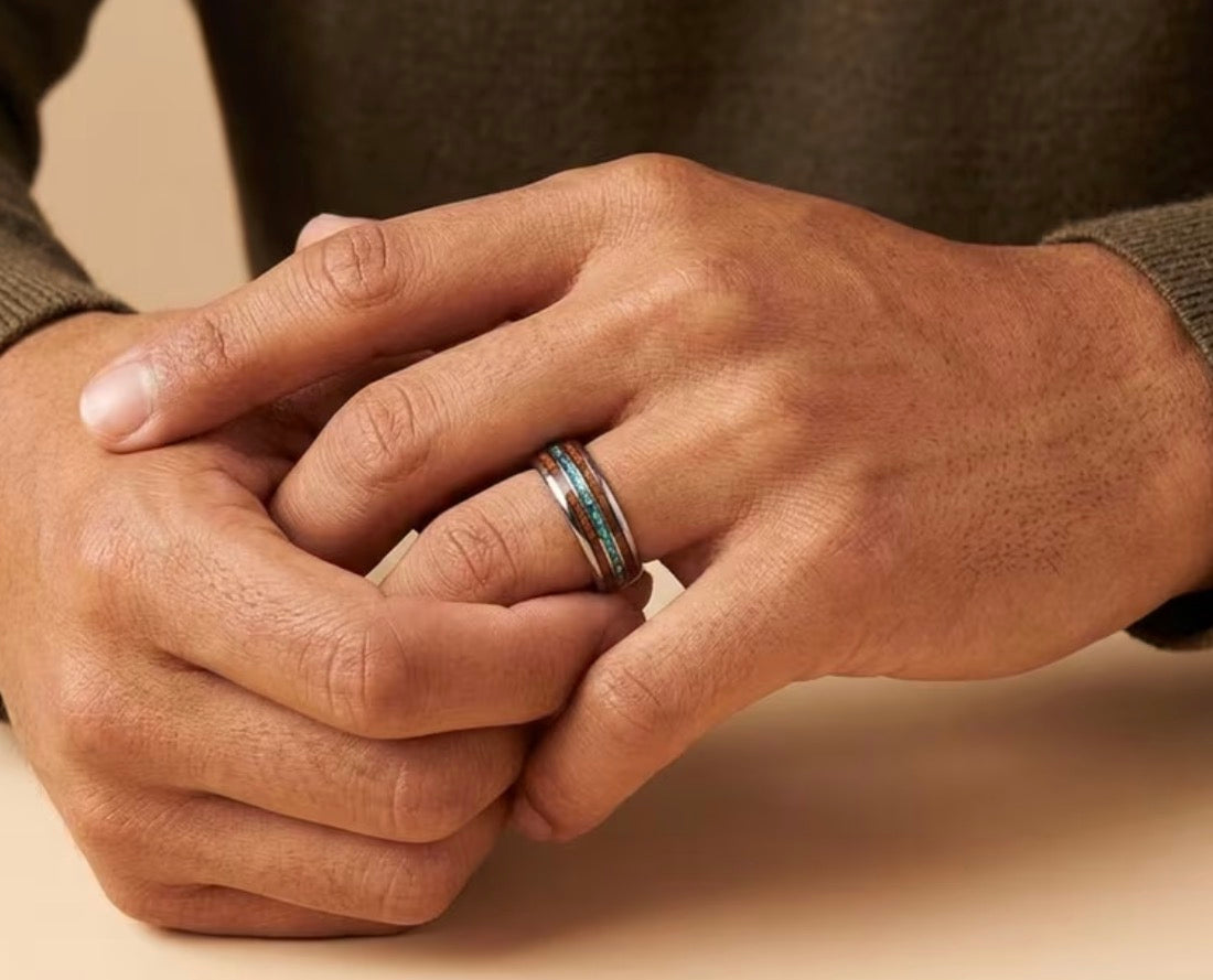 Men's polished tungsten ring worn on hand