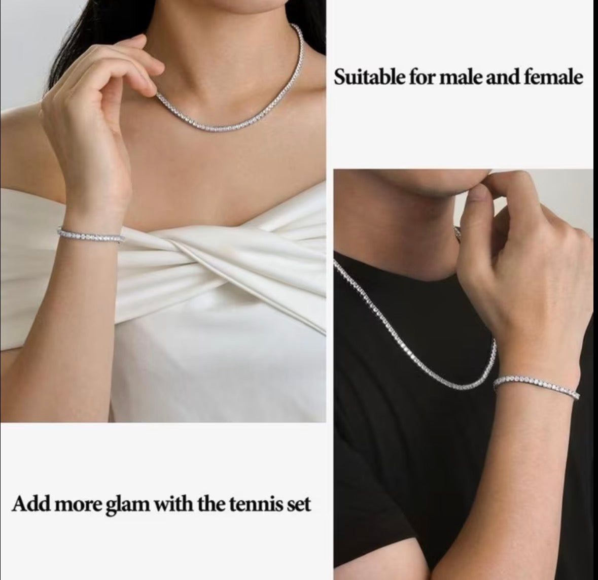Tennis necklace styling for women and men; bracelets not included